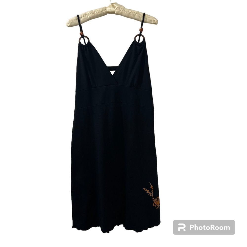 Arli Womens Black V-Neck Cotton Blend Spaghetti Bead Strap Shift Dress Sz XG-XL